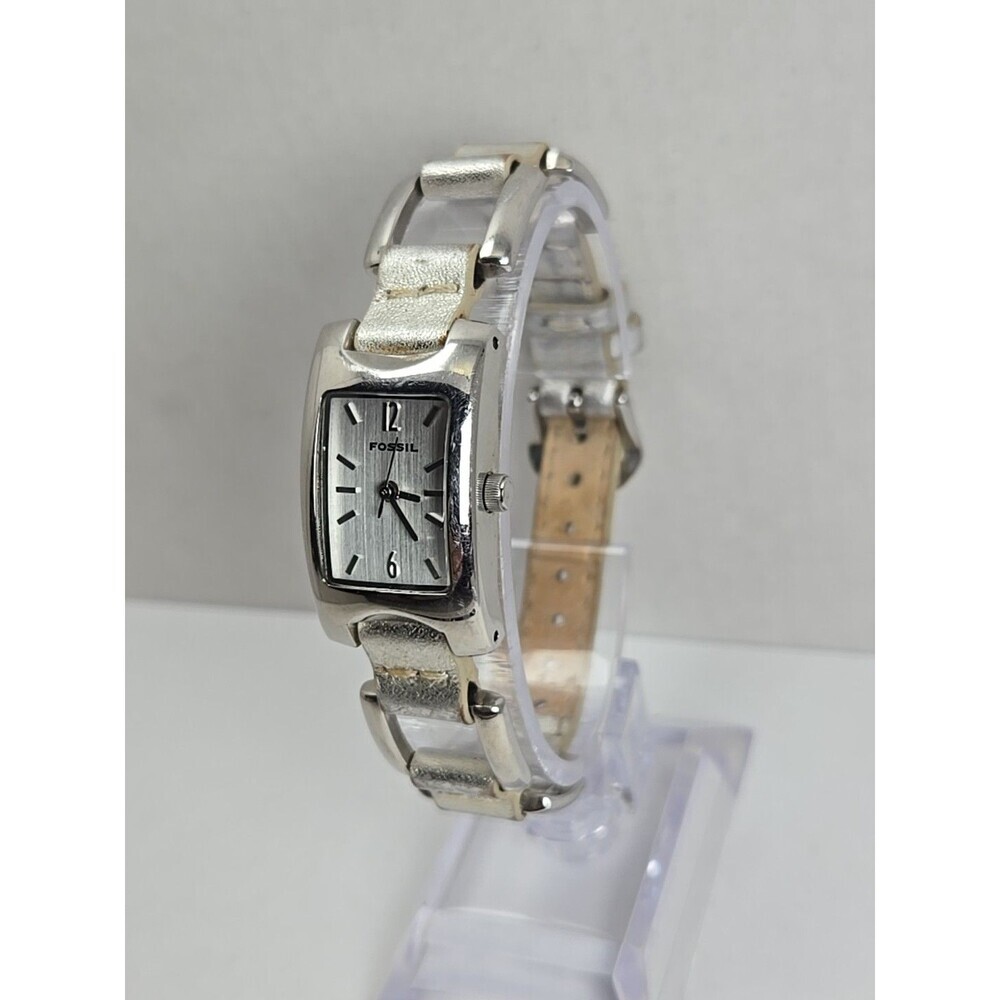 Fossil F2 ES1401 Womens Silver Link Leather Tank Watch New Battery Quartz Y2K - Picture 2 of 12